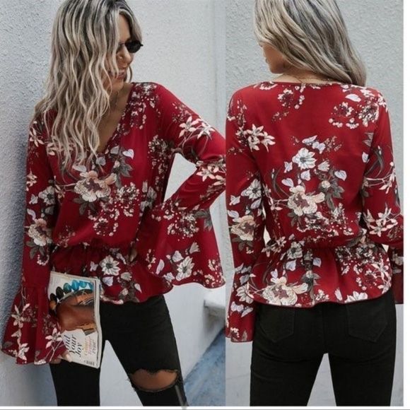 RED Floral Bell Sleeve V Neck - Picture 9 of 11